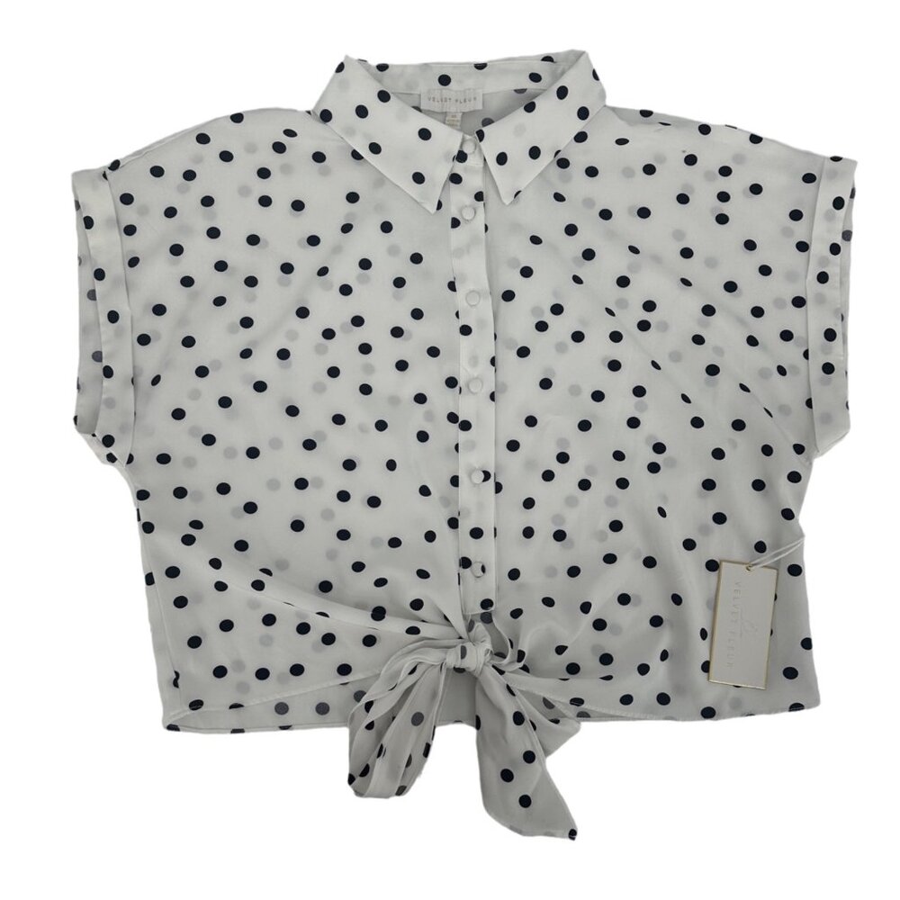 Velvet Fleur Women Polka Dot Blouse XL White Black Tie Front Button Up - Picture 4 of 8
